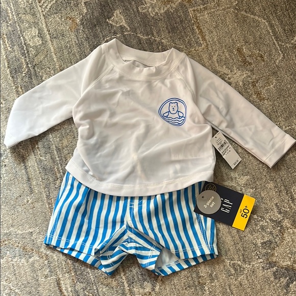 GAP Baby Swim Set with White Rash Guard Top and Blue Striped Shorts - Picture 1 of 5